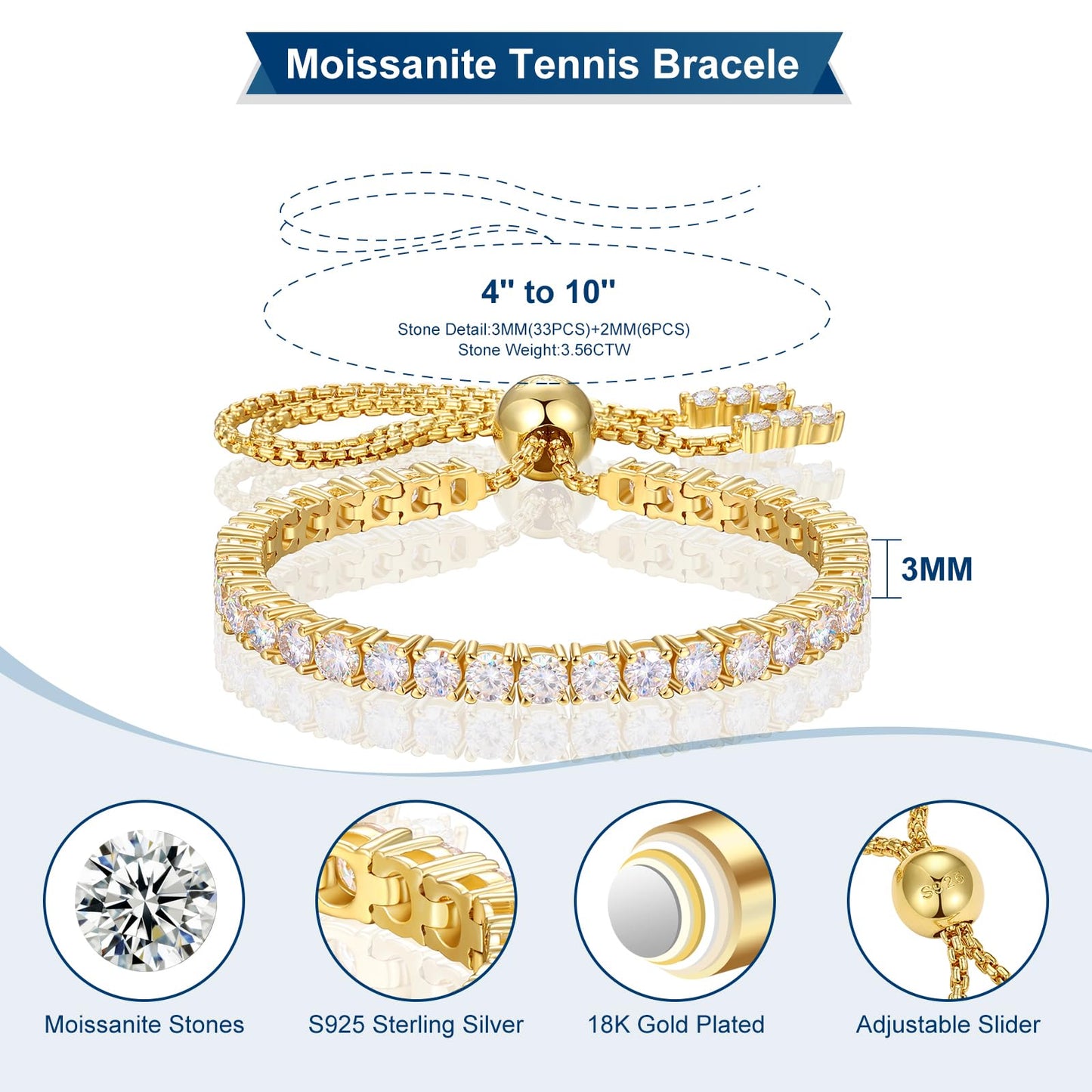Moissanite Tennis Bracelet, 7.76 Carats Adjustable Bracelet for Women 18K Yellow Gold Plated S925 Sterling Silver Tennis Bracelet D Color VVS1 Round Cut 4MM Moissanite Bracelet Mothers Day Gift
