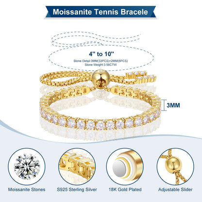 Moissanite Tennis Bracelet, 7.76 Carats Adjustable Bracelet for Women 18K Yellow Gold Plated S925 Sterling Silver Tennis Bracelet D Color VVS1 Round Cut 4MM Moissanite Bracelet Mothers Day Gift