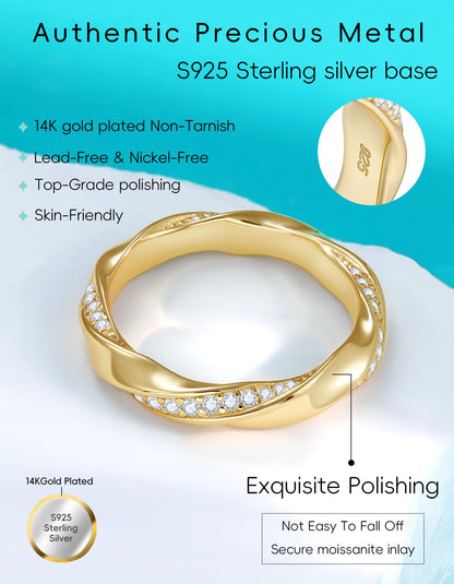 TIMELESSTAR Moissanite Rings for Women Eternity Band Wedding Bands Engagement Diamond Ring Promise for Her Anniversary Dainty Stackable Non Tarnish 925 Sterling Silver 14K Chunky Gold Plated Size 6