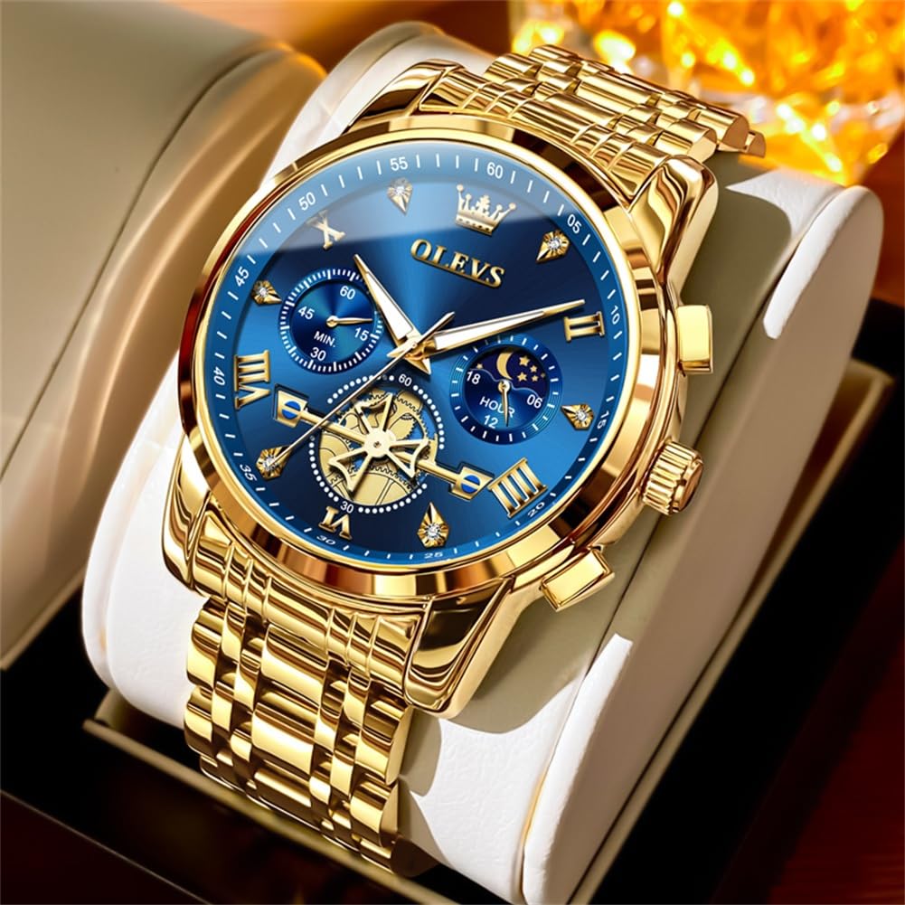 Olevs Gold Watches For Men Mens Gold Watch Big Face Watch For Men Luxury Watches For Man Blue Business Stainless Steel Dress Analog Quartz Chronograph Moon Phase Luminous Waterproof Easy To Read Reloj De Hombre