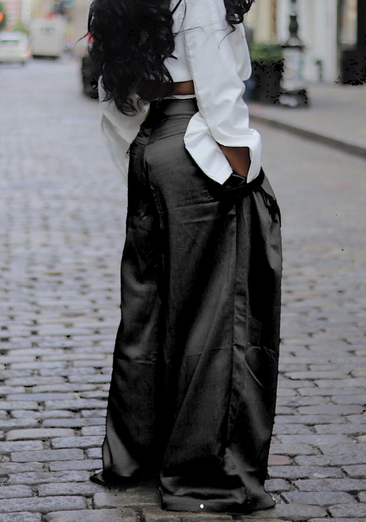 Vaceky Women's Satin Palazzo Pants Wide Leg Dressy Casual Flowy Cargo Pant Trousers with Pockets Black