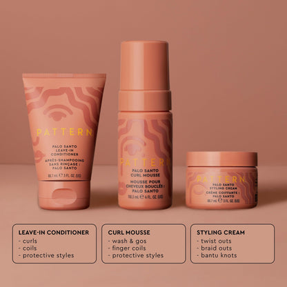 PATTERN Beauty by Tracee Ellis Ross Palo Santo Mini Kit features our Bestsellling Formulas: Palo Santo Leave-In Conditioner, Palo Santo Curl Mousse, Palo Santo Styling Cream in Mini Travel Sizes