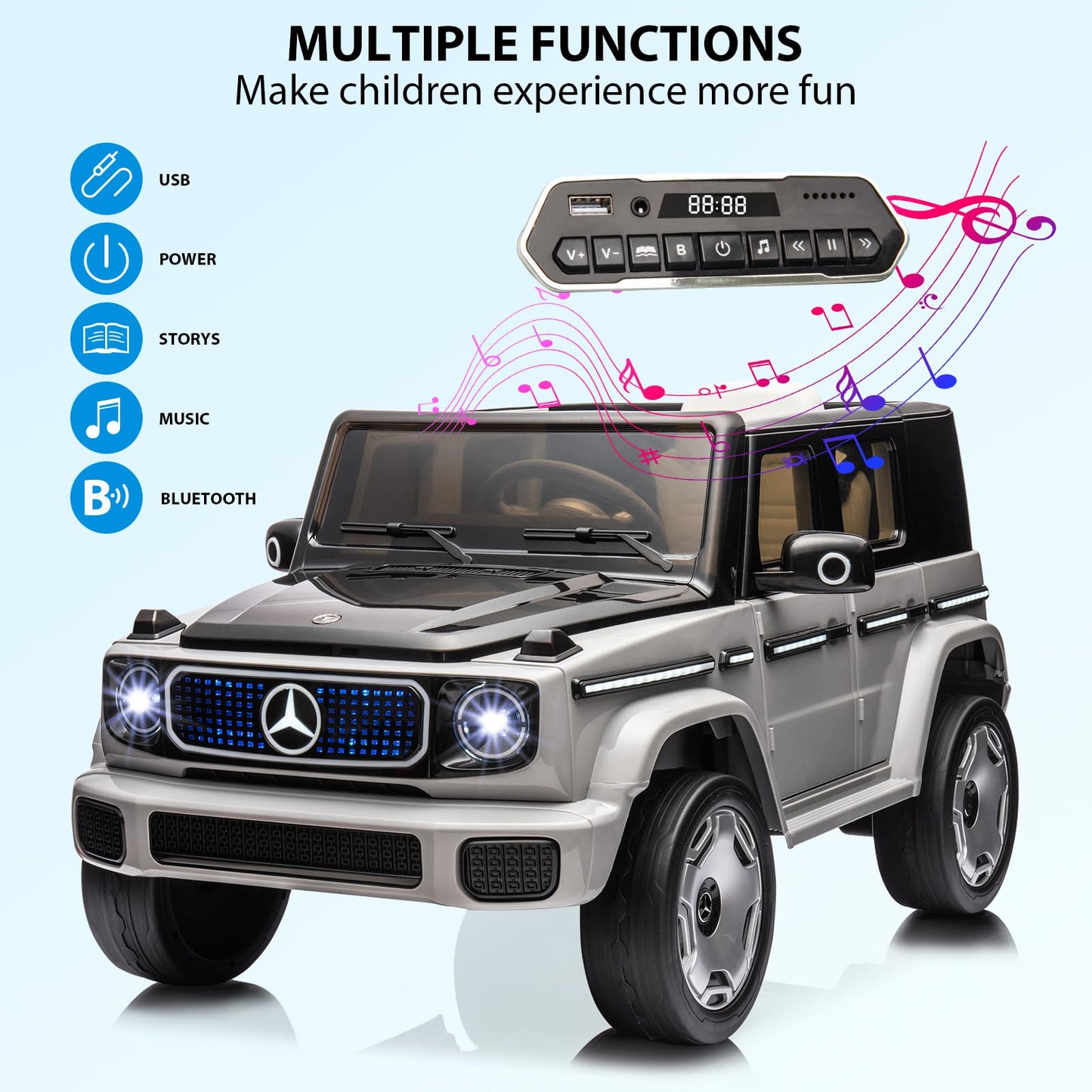 Jojoka Baby Car, Licensed Mercedes-Benz EQG Electric Car 12V Battery Powered w/Parent Remote Control, Full Car LED Lights, Spring Suspension, Music, 4 Wheeler Electric Vehicle for Kids, Gray