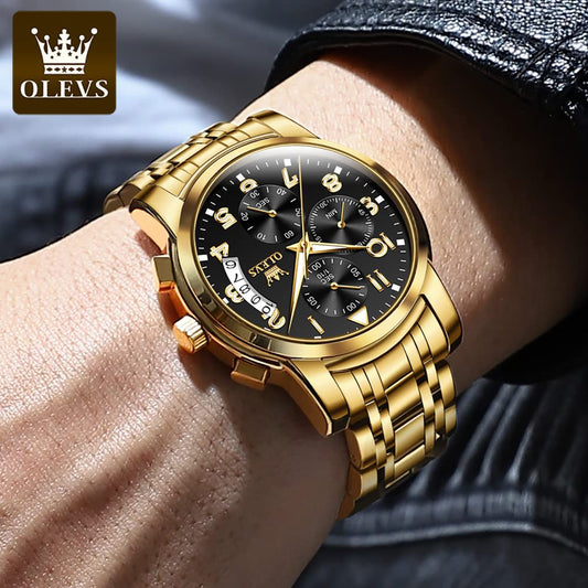 OLEVS Gold Watches for Men Dress Original Luxury Waterproof Analog Watches for Men Big Wrists Stainless Steel Chronograph Elegant Men's Watch Luxury Fashion Golden Black Big Face Watch Relojes para hombres
