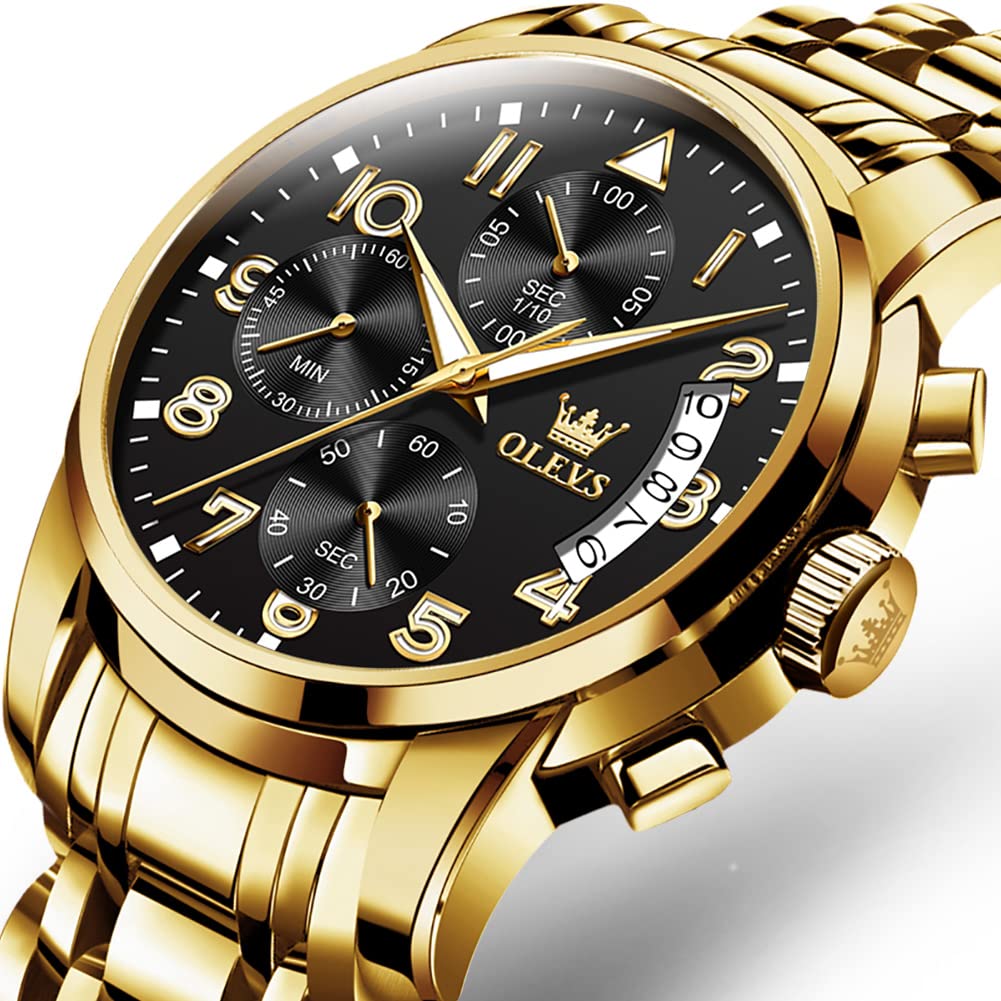 OLEVS Gold Watches for Men Dress Original Luxury Waterproof Analog Watches for Men Big Wrists Stainless Steel Chronograph Elegant Men's Watch Luxury Fashion Golden Black Big Face Watch Relojes para hombres