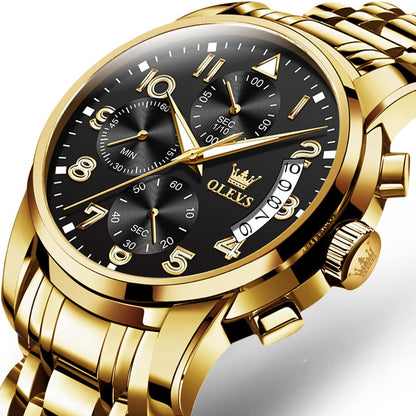 OLEVS Gold Watches for Men Dress Original Luxury Waterproof Analog Watches for Men Big Wrists Stainless Steel Chronograph Elegant Men's Watch Luxury Fashion Golden Black Big Face Watch Relojes para hombres