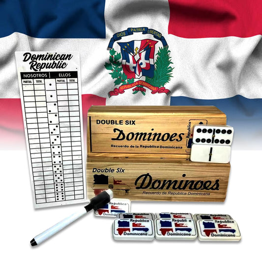Dominican Dominoes Double Six Novelty Set - Show Your Dominican Pride with Dominican Republic Flag Tiles and Includes Reusable Score Pad