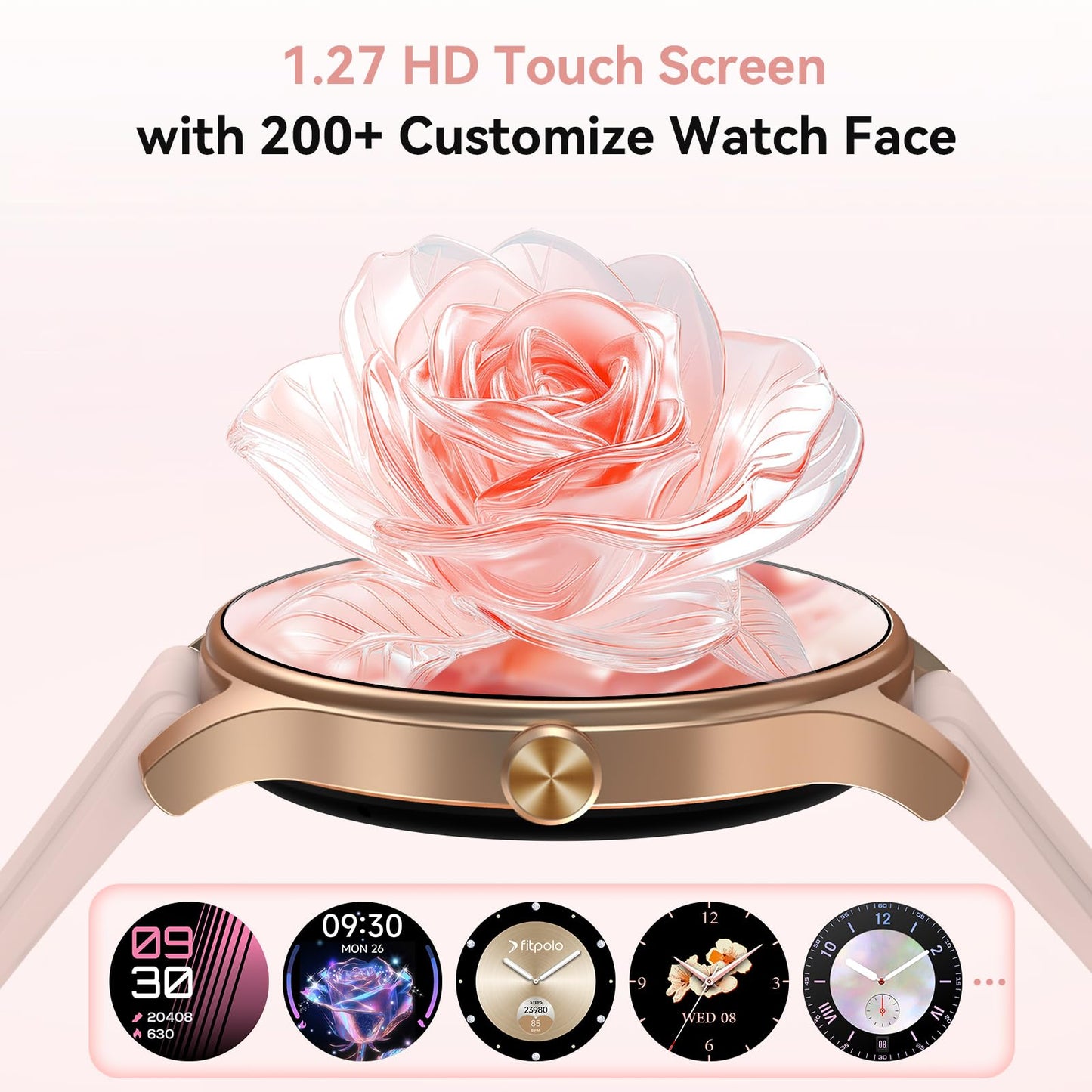 Fitpolo Smart Watches for Women (2 Bands), 1.27" Stylish Smartwatch, IP68 Waterproof Fitness Tracker with Bluetooth Calls (Make/Answer), Heart Rate/SpO2/Sleep Monitor, 7 Days Battery - Pink