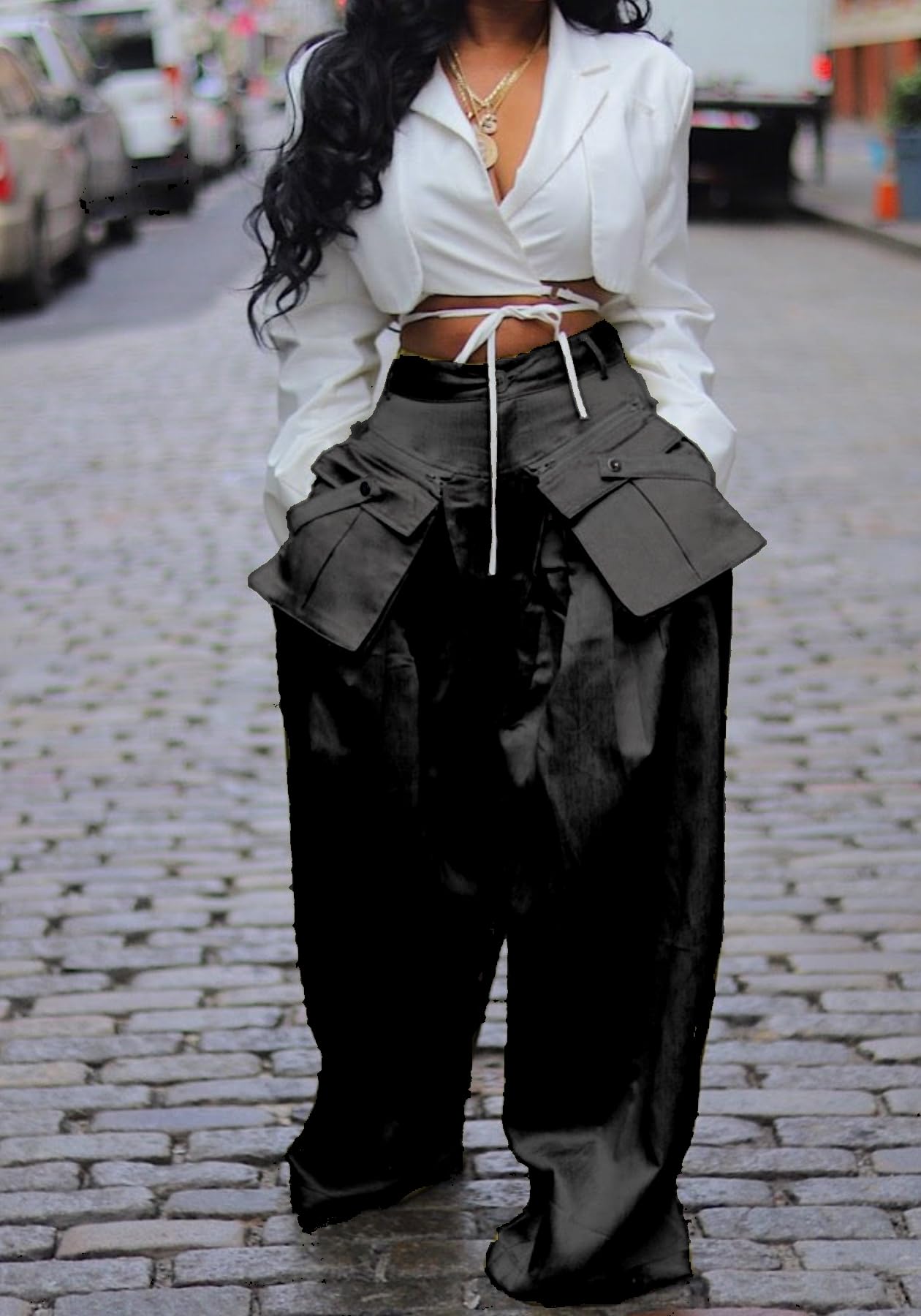 Vaceky Women's Satin Palazzo Pants Wide Leg Dressy Casual Flowy Cargo Pant Trousers with Pockets Black