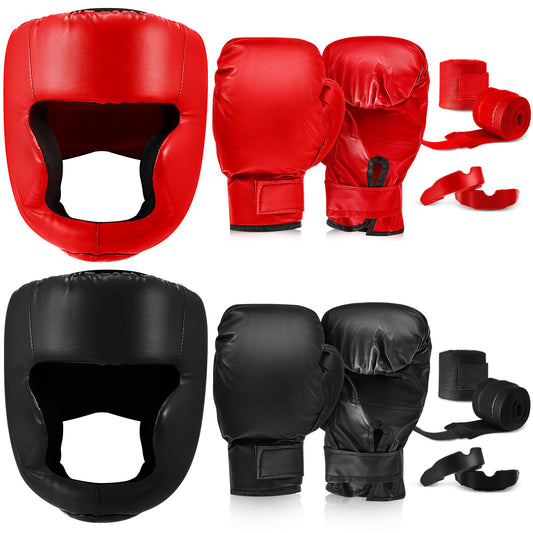 Kanayu 14 Pcs Boxing Set Including 2 Pair of 16 oz Boxing Gloves Headgear Helmet Hand Wraps Mouth Guards Gifts for Adults Youth Beginners Training Equipment(Black, Red)