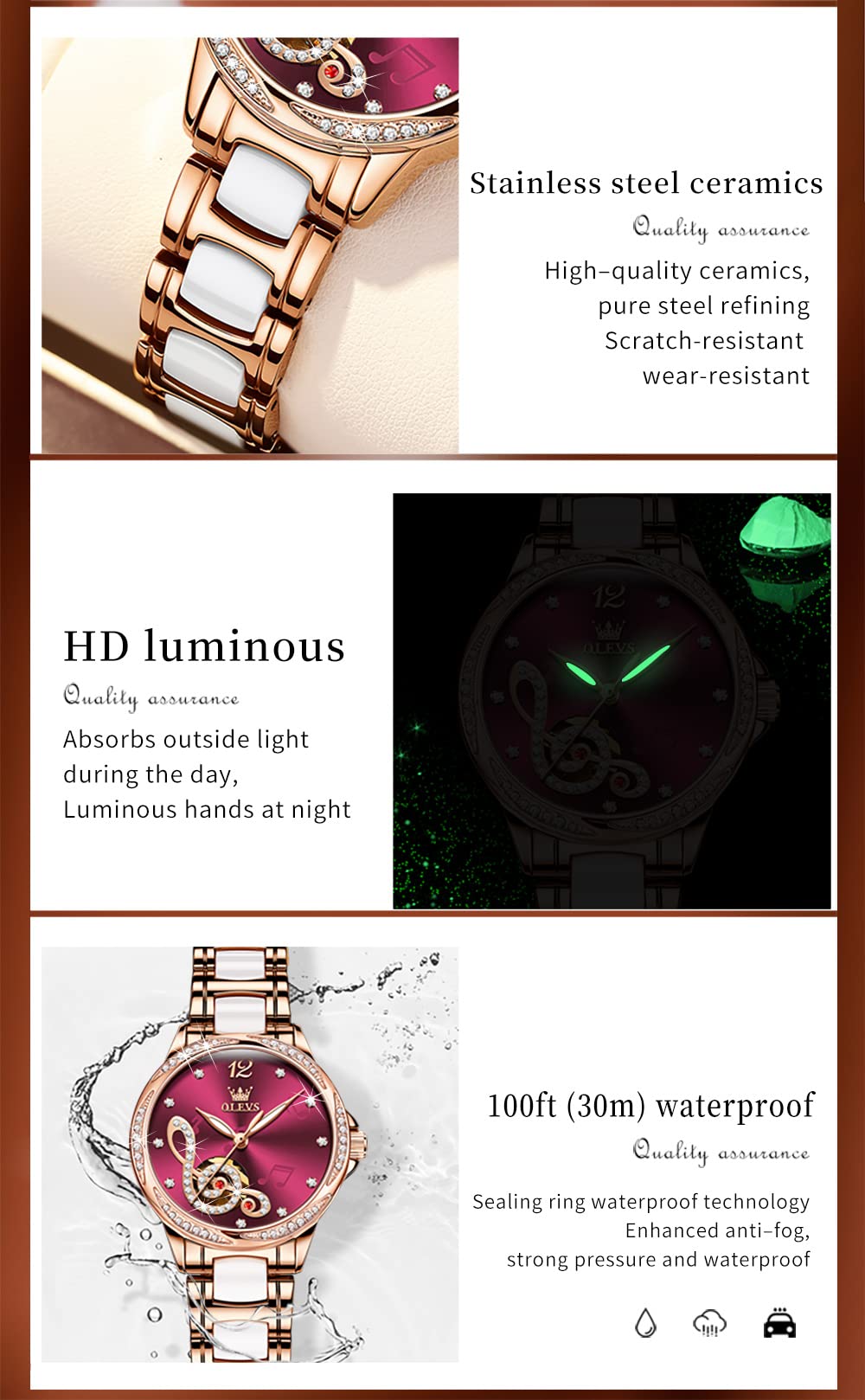 OLEVS Women Diamond Watch Automatic Self Winding Mechanical Ladies Skeleton Rose Gold Ceramic Wrist Watch