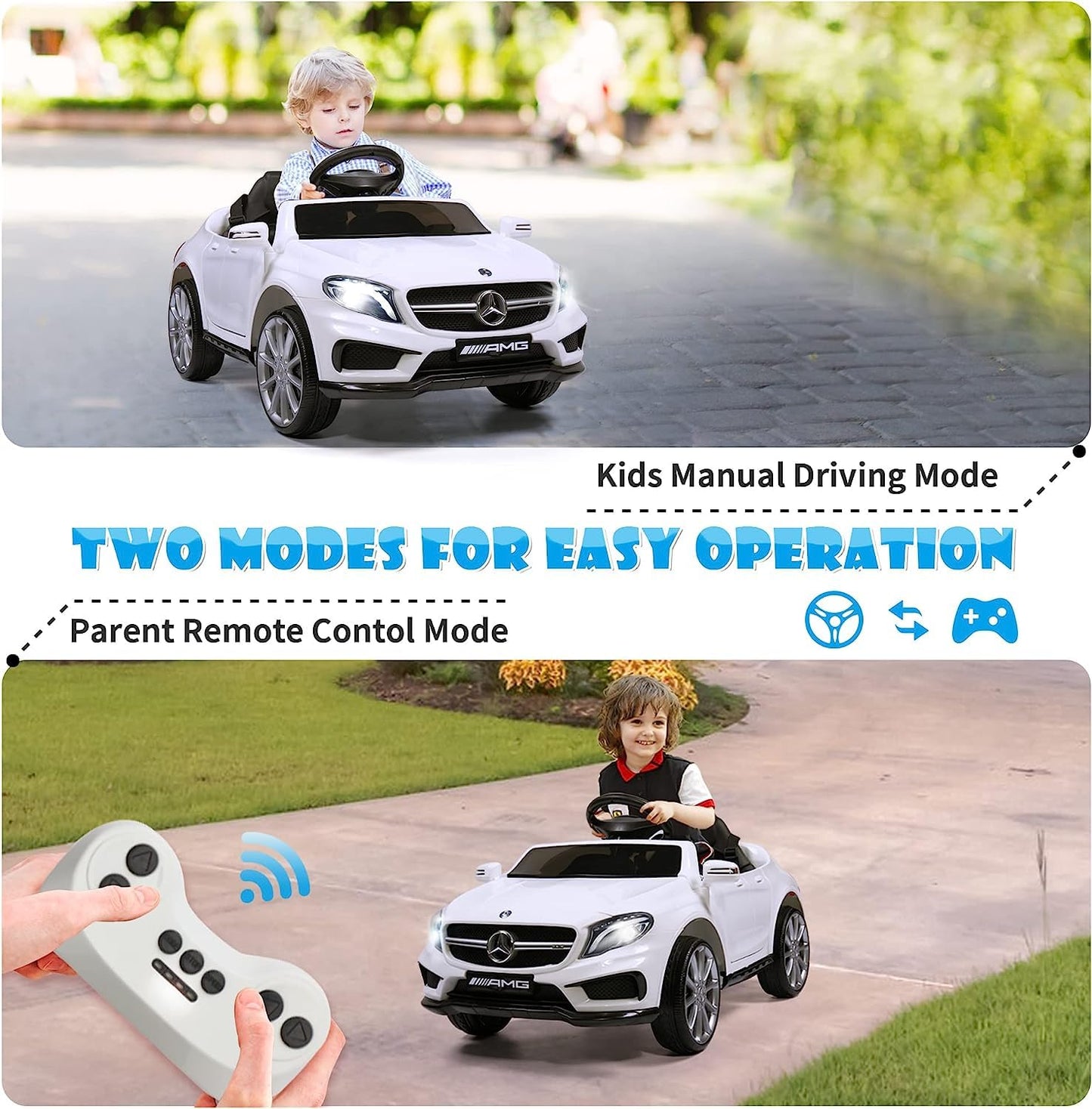 Licensed Mercedes Benz Electric Car for Kids by TOBBI,Toddler Electric Vehicle,Children Ride On Toy with Parental Remote Control/Double Doors/5 Point Safety Belt/LED Lights for Ages 3+ White