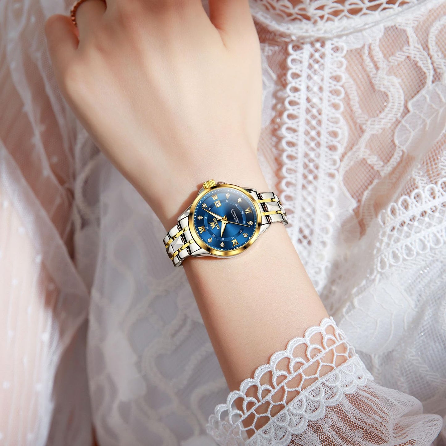 OLEVS Blue Watches for Women Stainless Steel Elegant Dress Women Watch Waterproof Analog Two Tone Women's Bracelet Watches Small Wrist Luminous Ladies Diamond Watch with Day Date Easy to Read