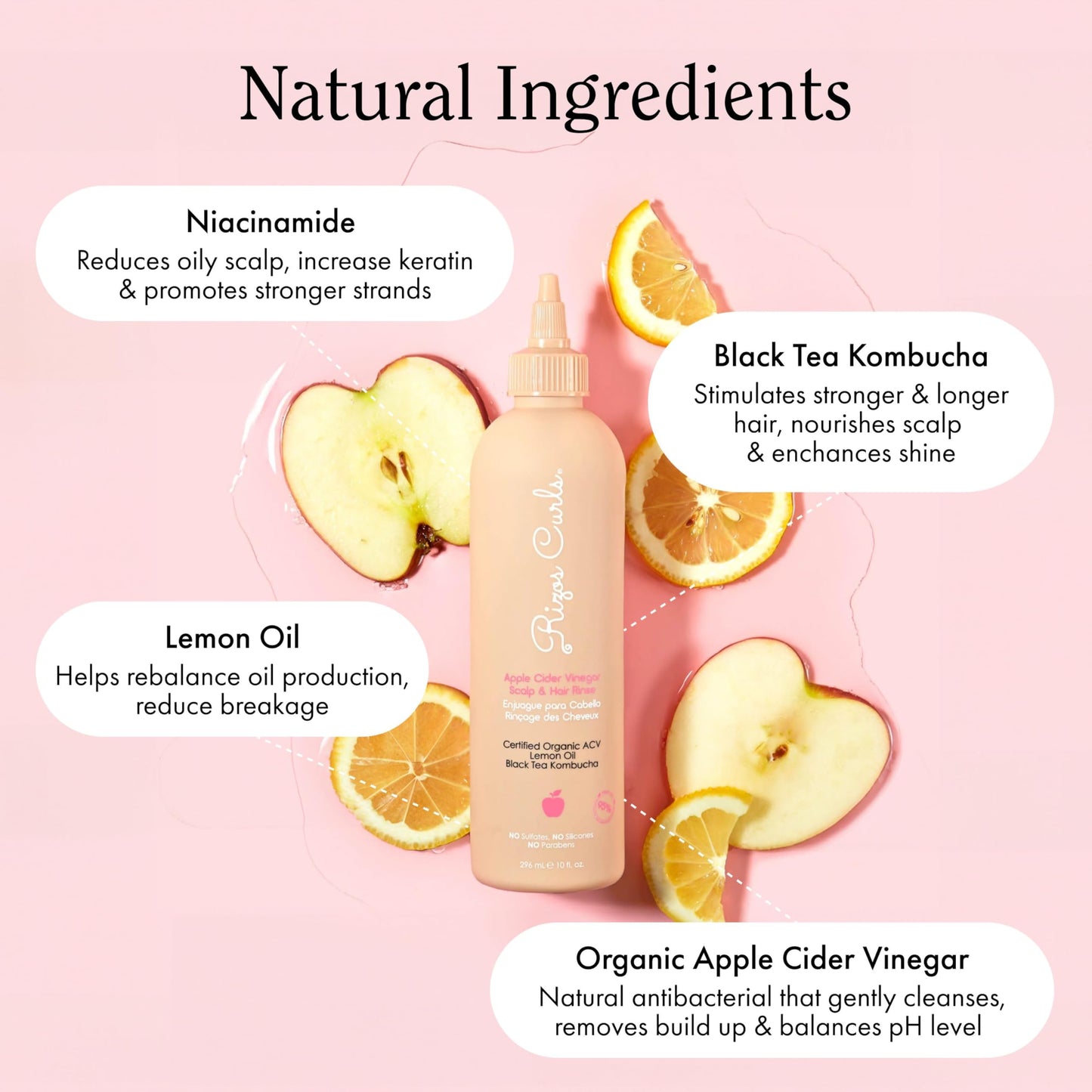 Rizos Curls Apple Cider Vinegar Scalp & Hair Rinse, Clarifies to Remove Product Buildup, Balance Oils, Revive Hair & Scalp, Enhances Softness & Shine, 10 oz