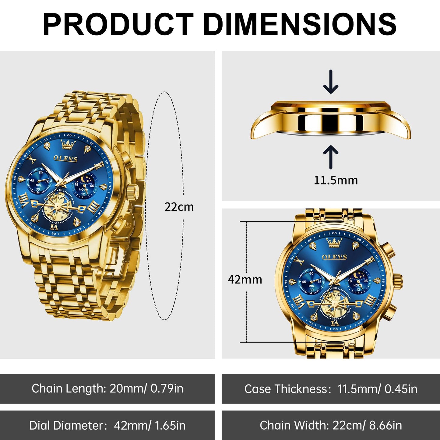 Olevs Gold Watches For Men Mens Gold Watch Big Face Watch For Men Luxury Watches For Man Blue Business Stainless Steel Dress Analog Quartz Chronograph Moon Phase Luminous Waterproof Easy To Read Reloj De Hombre