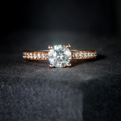 HAFEEZ CENTER 14K Moissanite Engagement Ring 14K Solid Gold 1ct Halo Solitaire Moissanite Engagement Rings for Women 14K Gold Rings for Women (Rose-Gold, 9)