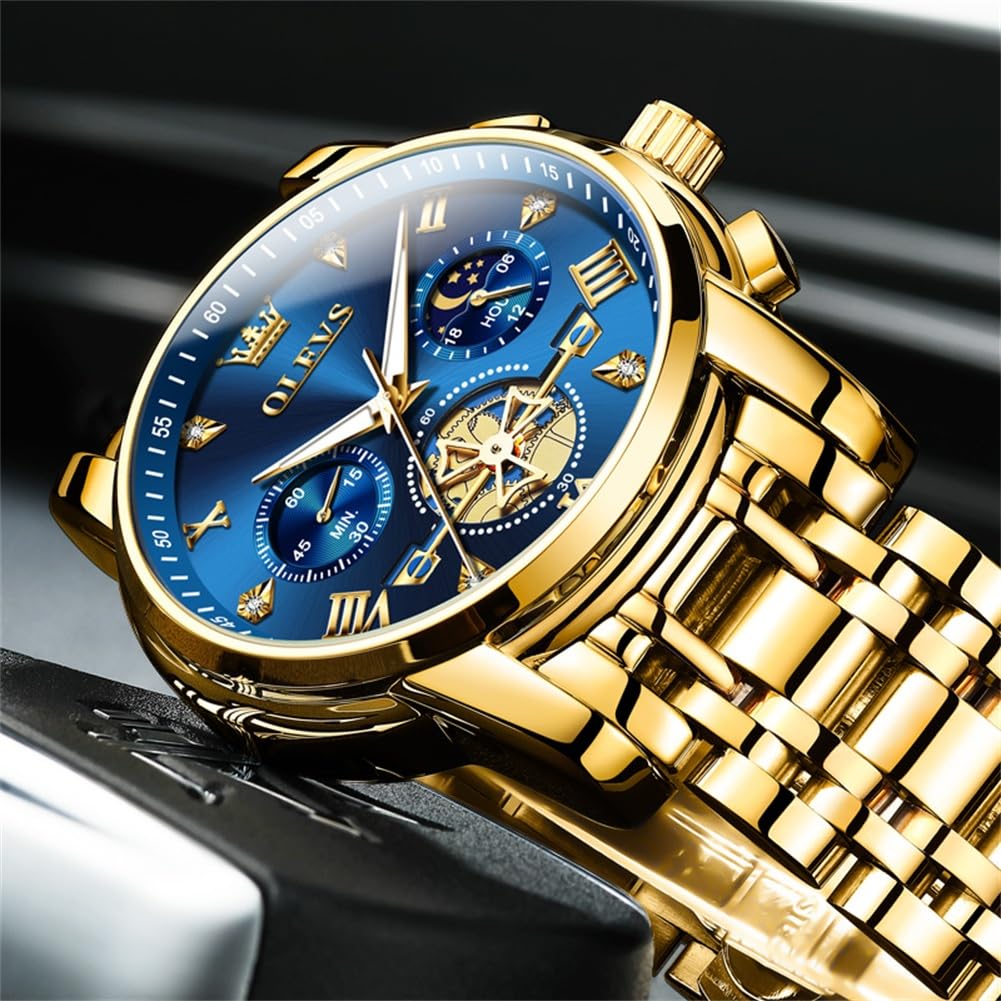 Olevs Gold Watches For Men Mens Gold Watch Big Face Watch For Men Luxury Watches For Man Blue Business Stainless Steel Dress Analog Quartz Chronograph Moon Phase Luminous Waterproof Easy To Read Reloj De Hombre