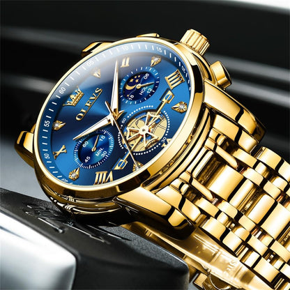 Olevs Gold Watches For Men Mens Gold Watch Big Face Watch For Men Luxury Watches For Man Blue Business Stainless Steel Dress Analog Quartz Chronograph Moon Phase Luminous Waterproof Easy To Read Reloj De Hombre
