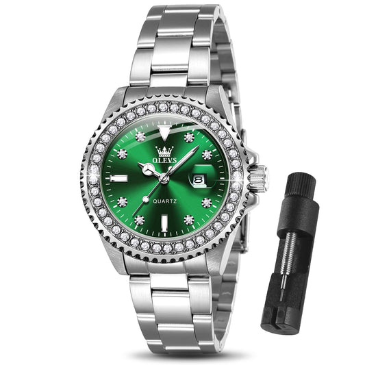 OLEVS Women Watch Silver and Green Watches for Women Small Wrist Ladies Diamond Classic Stainless Steel Dress Female Watches Analog Quartz Waterproof Date Women's Wrist Watch Luminous Reloj de Mujer