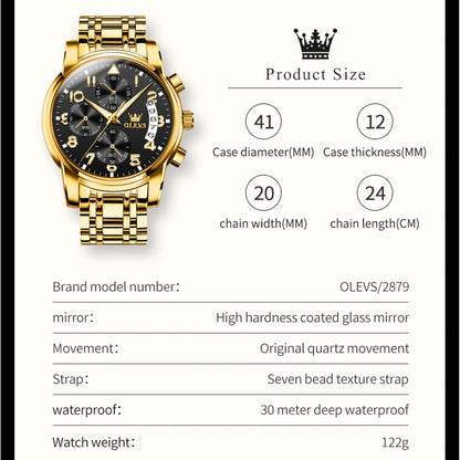 OLEVS Gold Watches for Men Dress Original Luxury Waterproof Analog Watches for Men Big Wrists Stainless Steel Chronograph Elegant Men's Watch Luxury Fashion Golden Black Big Face Watch Relojes para hombres
