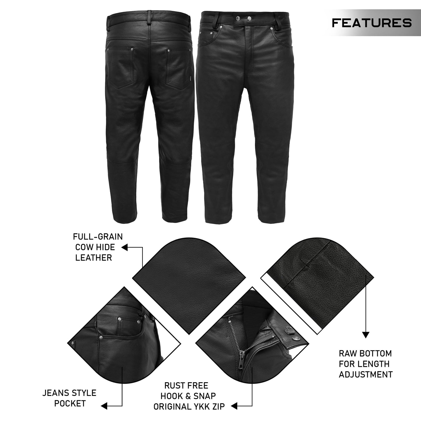 Touch&Torn Leather Motorcycle Pants for Mens Leather Black Brown Pants with 5 Pockets