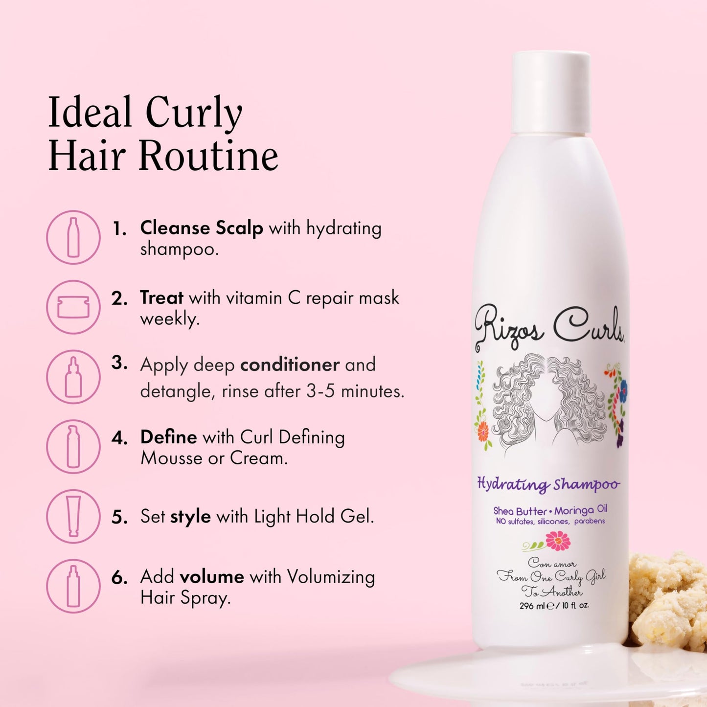 Rizos Curls Hydrating Shampoo, Gently Cleanse, Deeply Moisturizes & Nourishes Scalp, Soft & Healthy Hair from Shea Butter & Moringa Oil, For All Hair Types 1a - 4c, 10 oz