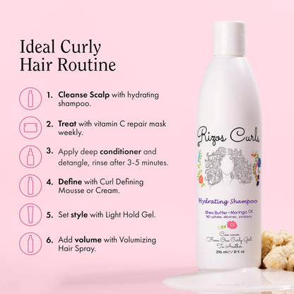 Rizos Curls Hydrating Shampoo, Gently Cleanse, Deeply Moisturizes & Nourishes Scalp, Soft & Healthy Hair from Shea Butter & Moringa Oil, For All Hair Types 1a - 4c, 10 oz