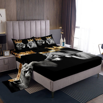 Wild Lion Couple Fitted Sheet Set Full Size 4pcs,Gold King and Queen Crown,Bedding Sets(1 Fitted, 1 Flat, 2 Pillowcases) Tropical African Animal Luxury Deep Pocket Bed Sheets, Modern