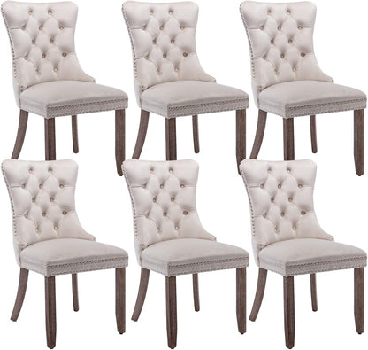 Beige Velvet Dining Chairs Set of 6, Upholstered Dining Room Chairs with Back Ring Pull Trim and Solid Wood Legs, Tufted Wingback Kitchen Chairs for Dining Room,Living Room,Kitchen(Beige)-0