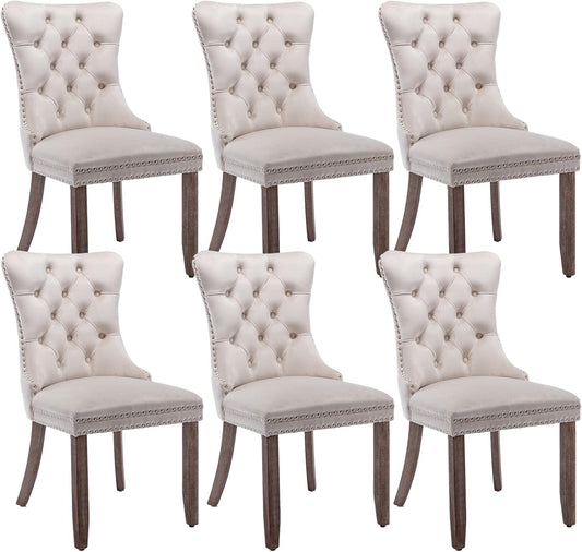 Beige Velvet Dining Chairs Set of 6, Upholstered Dining Room Chairs with Back Ring Pull Trim and Solid Wood Legs, Tufted Wingback Kitchen Chairs for Dining Room,Living Room,Kitchen(Beige)-0