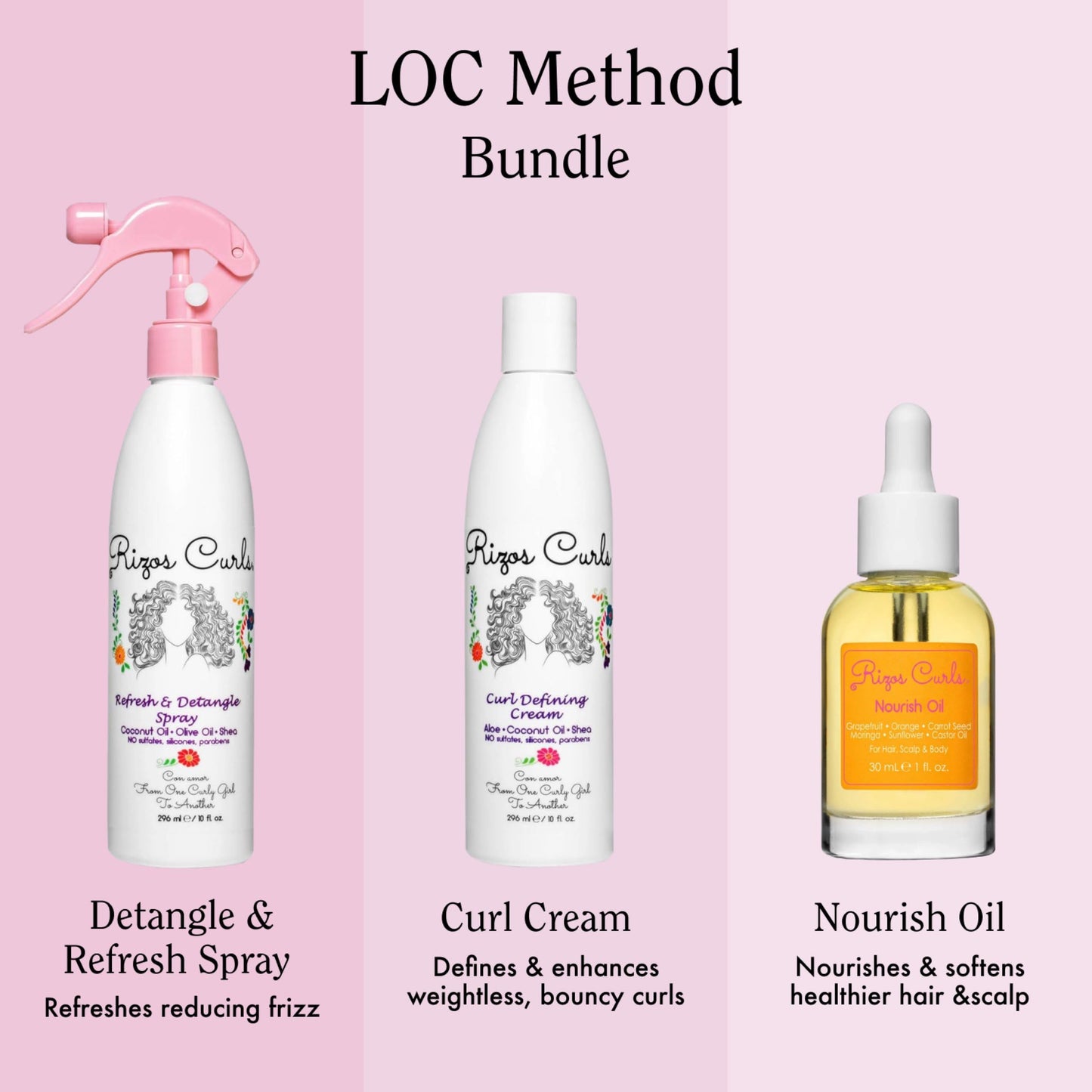 Rizos Curls LOC Method Bundle, Refresh and Detangle Spray & Nourish Oil & Curl Defining Cream Bundle, Add Deep Moisture while Detangling and Adding Shine
