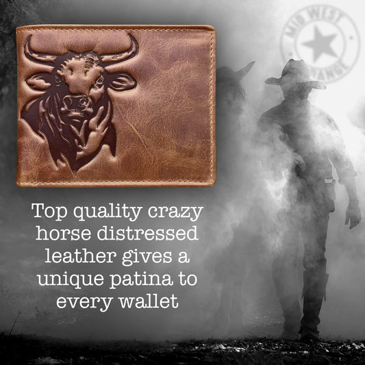 MID WEST RANGE Western Wallet For Men - Full Grain Leather Rodeo Bull Bifold Wallet For Cowboys - Mens RFID Wallet - Cowboy Wallet - Gifts For Him