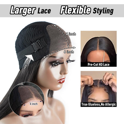 FACMOOD Wear and Go Glueless Bob Wig Human Hair Straight, 6x4 Pre-Cut HD Lace Glueless Wigs Pre-Plucked, Transparent Lace Front Closure Wigs for Women 180% Density 12 inch