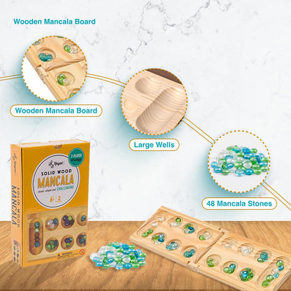 Regal Games Mancala Board Game - Fun Classic Table Game with Wooden Board for Adults & Kids - 48 Glass Mancala Beads & 2 Player Games - Ideal for Family Game Night, Travel (Ages 8+)