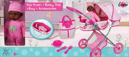 Lissi Deluxe Doll Pram with African American Baby Doll