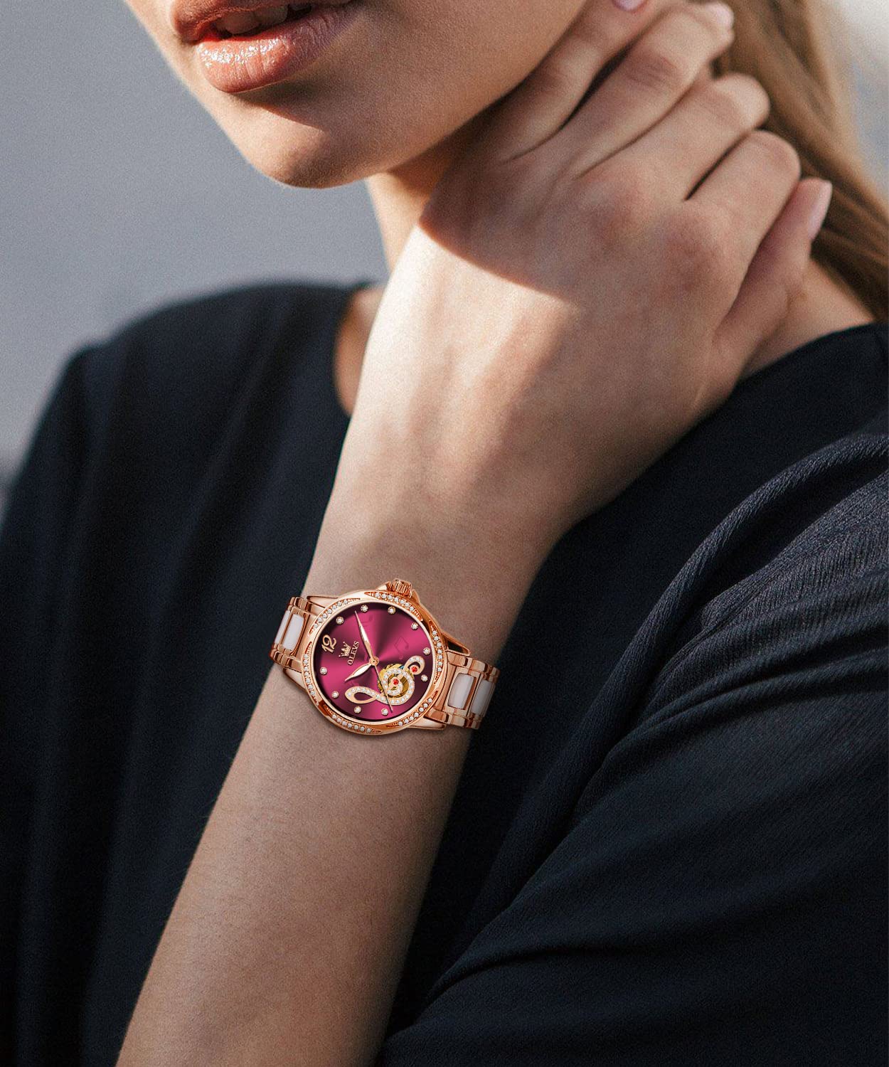 OLEVS Women Diamond Watch Automatic Self Winding Mechanical Ladies Skeleton Rose Gold Ceramic Wrist Watch