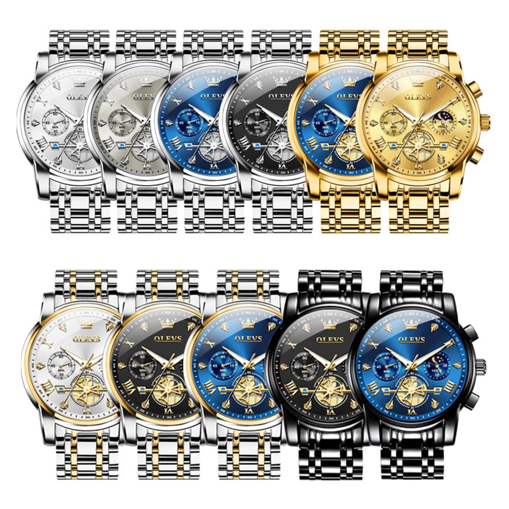 Olevs Gold Watches For Men Mens Gold Watch Big Face Watch For Men Luxury Watches For Man Blue Business Stainless Steel Dress Analog Quartz Chronograph Moon Phase Luminous Waterproof Easy To Read Reloj De Hombre