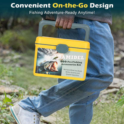 DAMIDEL 600 Pcs/Tackle Box Fishing Kit-Fishing Hooks,Sinkers, Swivels Snaps,Top Water Lure,Spoons,Soft Lures,Jig Heads, Frogs, Minnow, Accessories Equipment- Saltwater Freshwater Bass Bait Gear