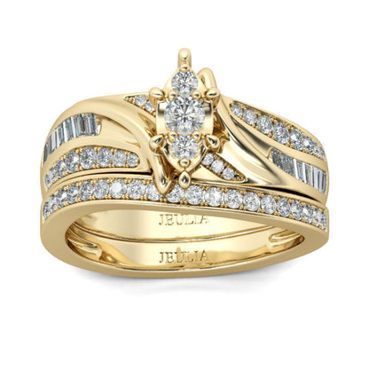 Jeulia Gold Tone Cluster Round Cut Sterling Silver Ring Set for Engagement Anniversary Eternity Promise Wedding Band Ring Set With Jewelry Box (8.5)