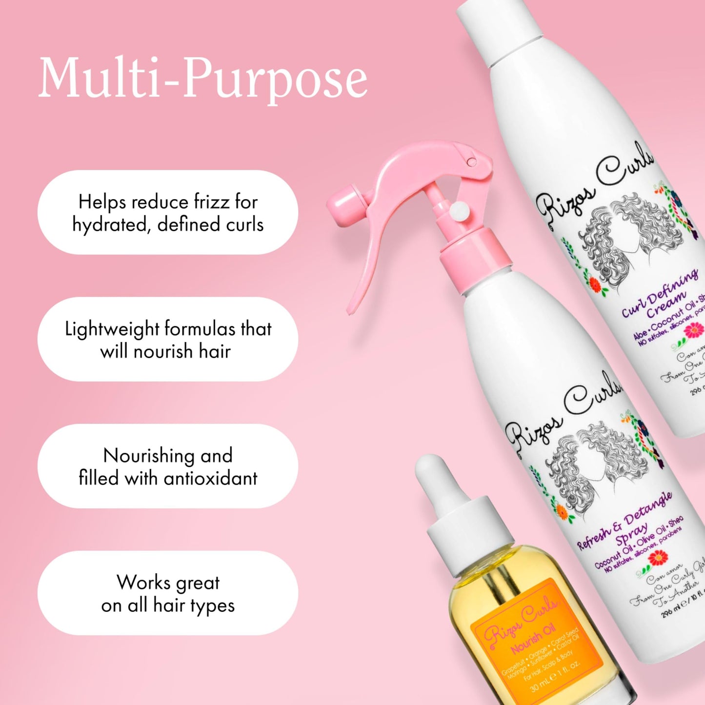 Rizos Curls LOC Method Bundle, Refresh and Detangle Spray & Nourish Oil & Curl Defining Cream Bundle, Add Deep Moisture while Detangling and Adding Shine