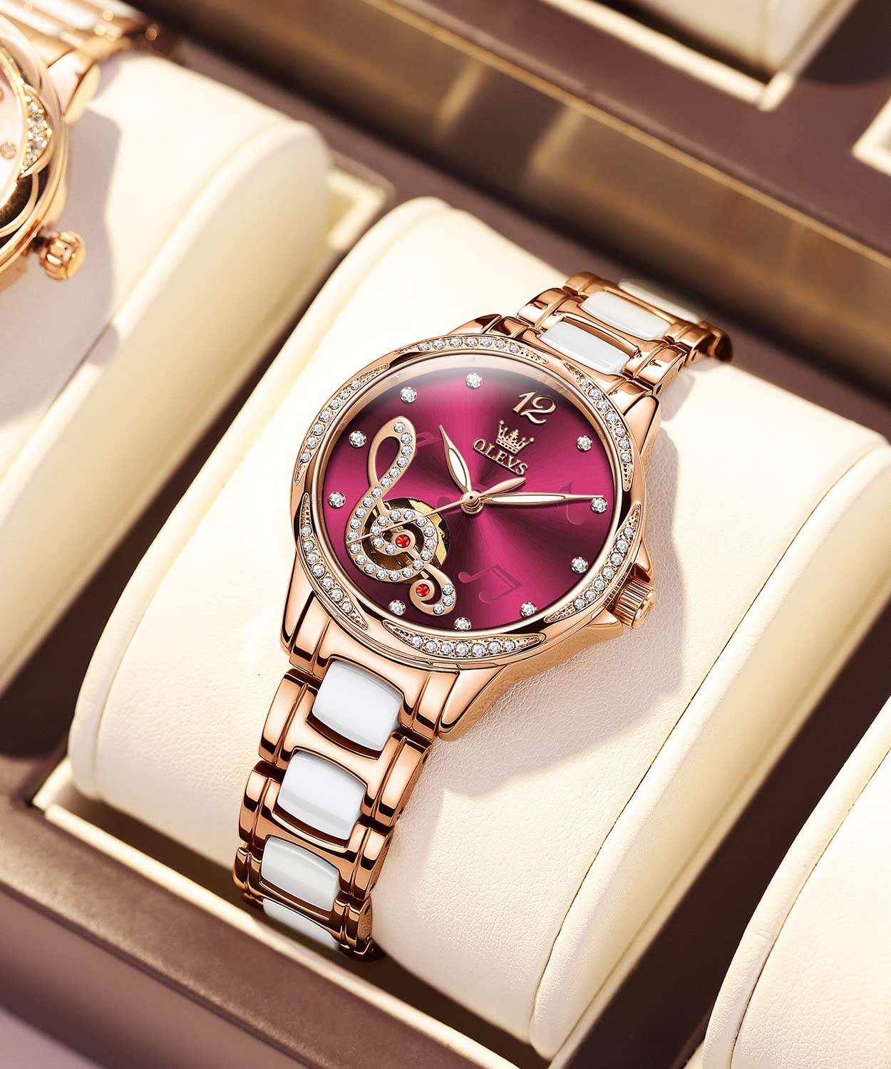 OLEVS Women Diamond Watch Automatic Self Winding Mechanical Ladies Skeleton Rose Gold Ceramic Wrist Watch