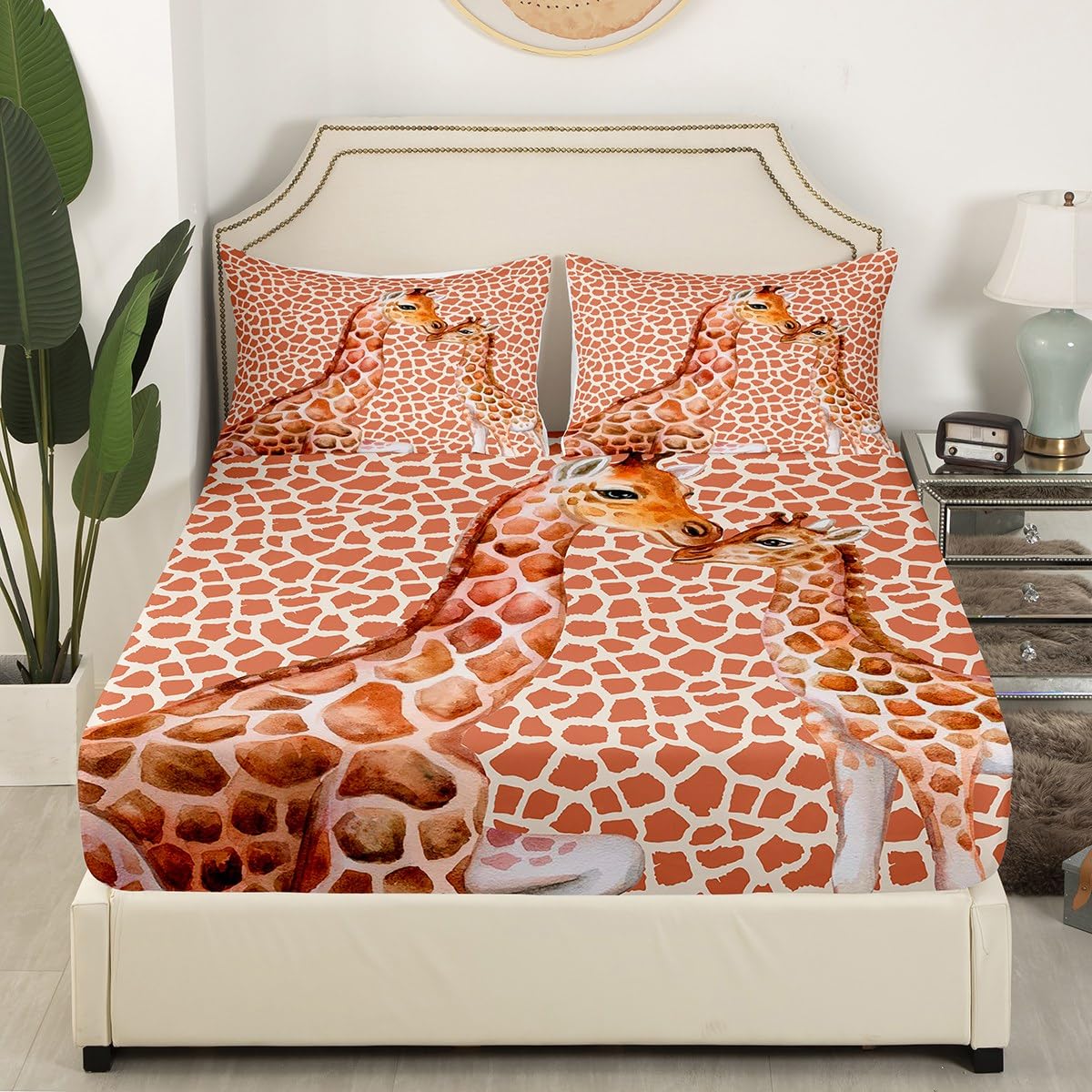 Cute Giraffe Fitted Sheet Queen Size African Wild Animals Bedding Set 3Pcs for Kids Girls Boys Teens Room Decor Cartoon Giraffe Skin Print Bed Sheet Fashion Soft Deep Packet Sheet,2 Pillowcases