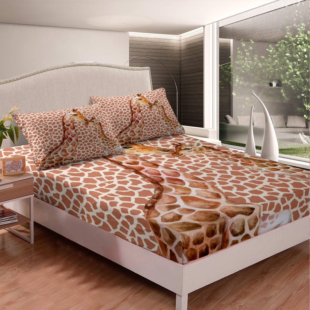 Cute Giraffe Fitted Sheet Queen Size African Wild Animals Bedding Set 3Pcs for Kids Girls Boys Teens Room Decor Cartoon Giraffe Skin Print Bed Sheet Fashion Soft Deep Packet Sheet,2 Pillowcases