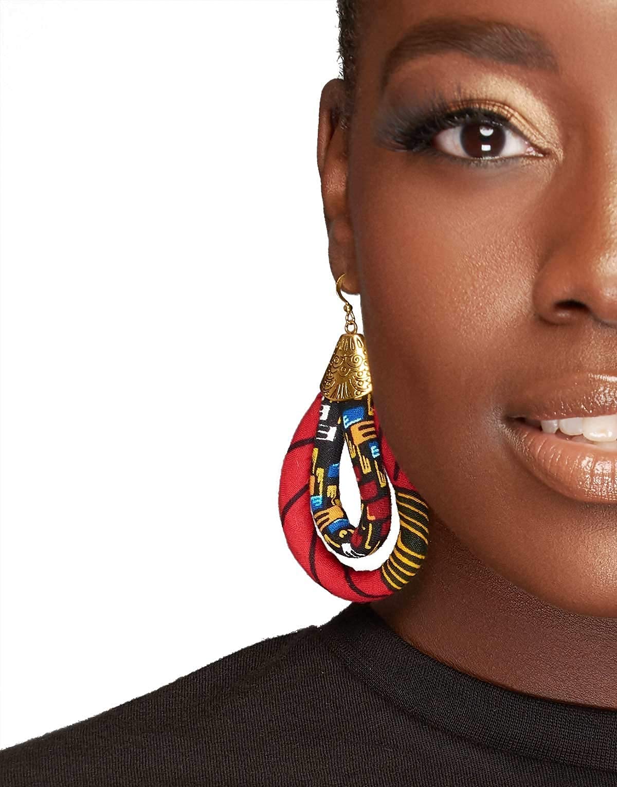Red Ankara Hoop Earring | African Print Earrings | Mini Double Loop Earring | Ketepa Print Earring | African Print Jewelry Red, Yellow, Black | Afrocentric | Cloth & Cord