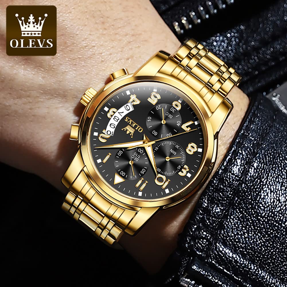 OLEVS Gold Watches for Men Dress Original Luxury Waterproof Analog Watches for Men Big Wrists Stainless Steel Chronograph Elegant Men's Watch Luxury Fashion Golden Black Big Face Watch Relojes para hombres