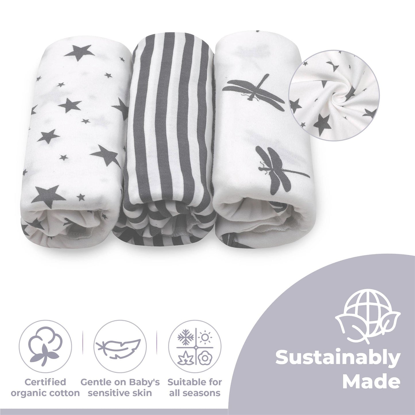 Jam Naturals- Organic Knotted Tie Bottom Adjustable Velcro Swaddle and Hat Set of 3, Newborn Sleep Sack (0-3m, 7-14lbs Grey)