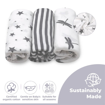 Jam Naturals- Organic Knotted Tie Bottom Adjustable Velcro Swaddle and Hat Set of 3, Newborn Sleep Sack (0-3m, 7-14lbs Grey)