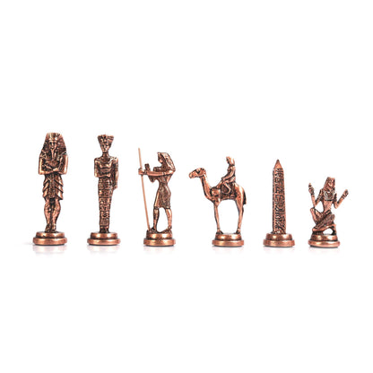 Egypt Pharaoh Antique Copper Figures Metal Chess Set for Adults Handmade Pieces and Natural Solid Wooden Chess Board with Pearl Design Around Board and Storage Inside King 3.4inc