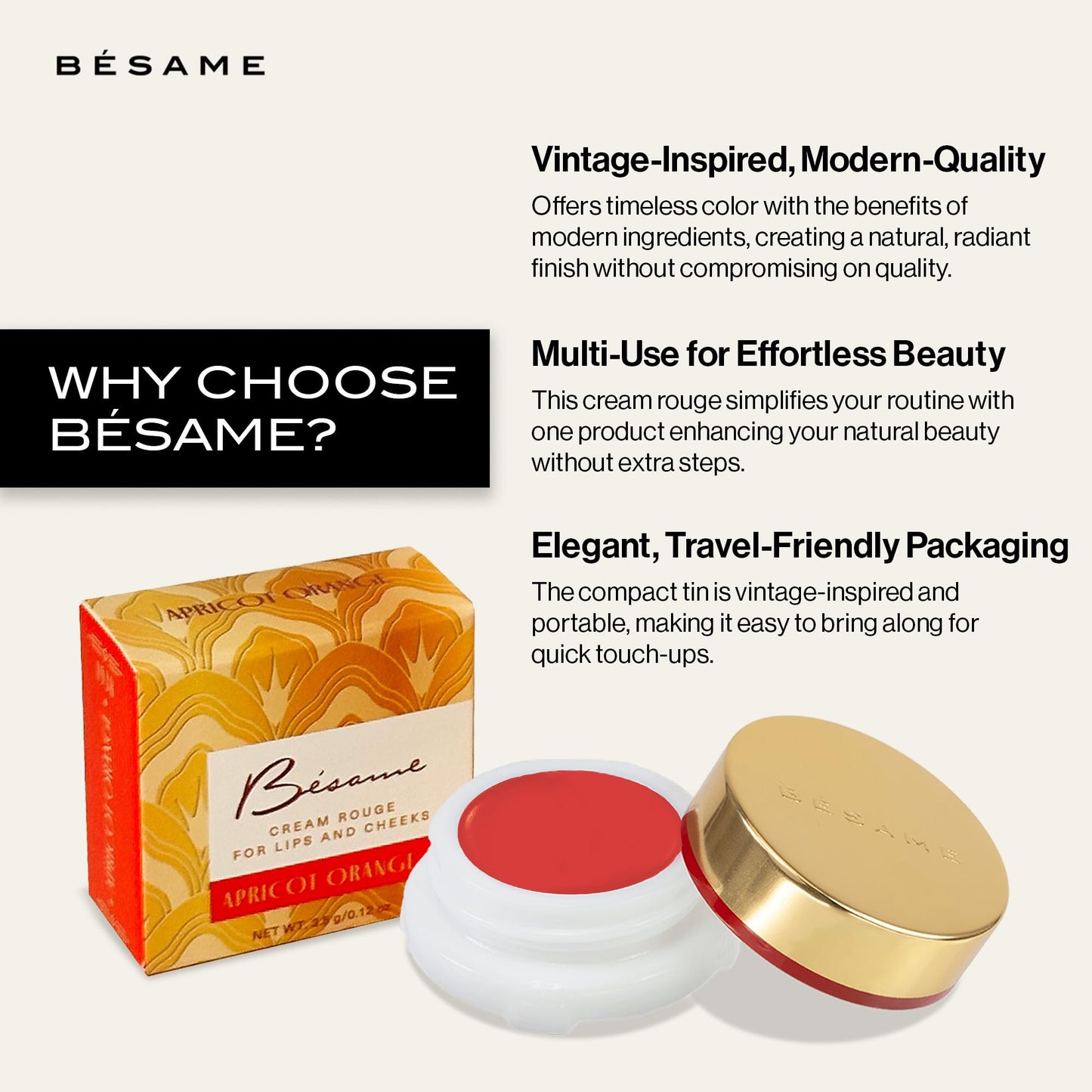 Besame Apricot Cream Rouge - 1938 | Cream Blush for Cheek & Lip with Long Lasting Matte Finish | 1930s Inspired Beauty | Makeup In Reusable Tin | 2-in-1 Lip & Cheek Tint | Sustainable Beauty Routine