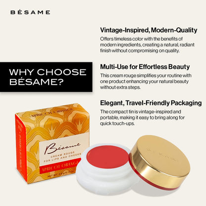 Besame Apricot Cream Rouge - 1938 | Cream Blush for Cheek & Lip with Long Lasting Matte Finish | 1930s Inspired Beauty | Makeup In Reusable Tin | 2-in-1 Lip & Cheek Tint | Sustainable Beauty Routine